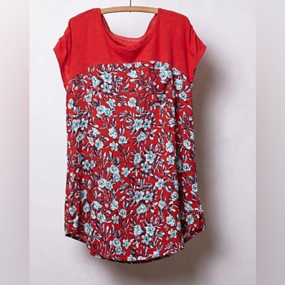 Anthropologie Meadow Rue Red Floral Cap Sleeve Pocket Top XS